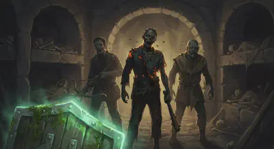 The three dead henchmen stand in the doorway as zombies, flies still buzzing in their open mouths