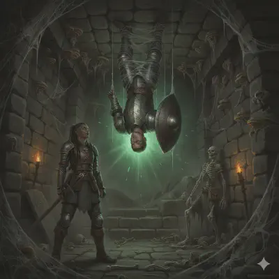 Bancroft suspended upside-down from the ceiling in spider webs, his shield glowing green, Irulan looking up from below