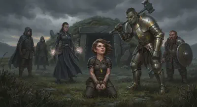 The halfling thief Riyou kneels small and defiant in the center of a circle of leveled adventurers on the open moor, the half-orc Grak Bloodshield in plate mail looming over her with his warhammer at the ready