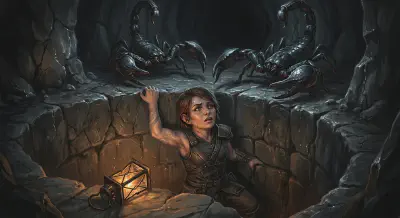 Riyou the halfling thief hangs by one small hand from the lip of a stone pit deep underground, her fallen lantern lying broken beside her, two giant scorpions emerging from the dark passage above