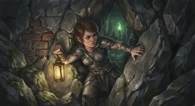 The halfling Riyou squeezes between massive stones in a tightly packed rubble passage by lantern light, leaving the party behind in the crypt