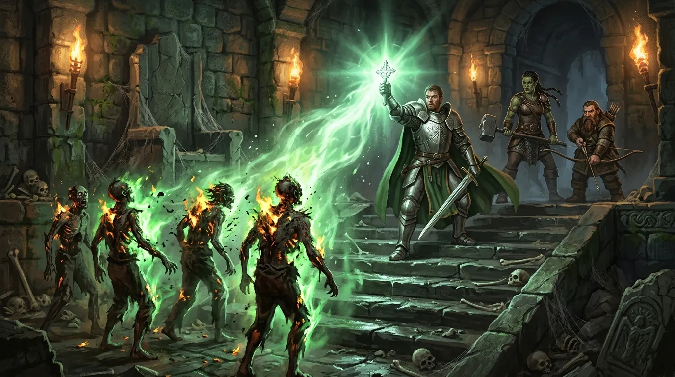 Bancroft the cleric stands at the head of a ruined crypt staircase with his holy symbol raised, a torrent of green divine fire pouring from it and consuming five shambling zombies, Anister watching from behind with his bow
