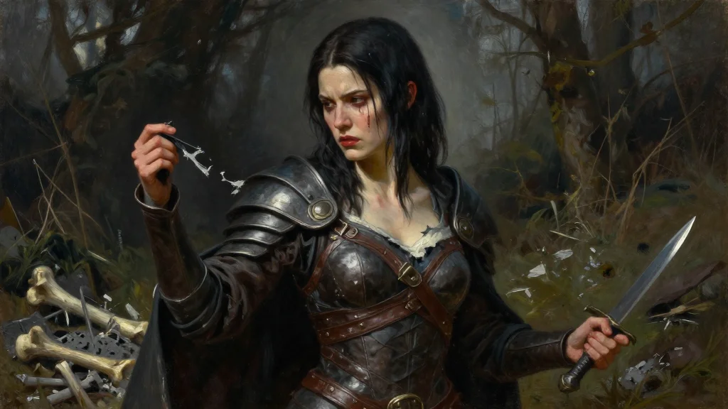 Clarice the elven thief examines the long shallow tear across her bodice with an outraged sour expression, her dagger held in her other hand, ash and broken bones at her feet.
