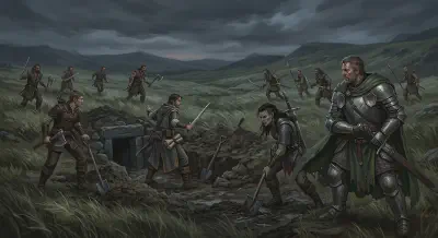 Adventurers at a barrow dig site on an open moor as armed bandits approach across the grassland