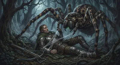 Bancroft lies paralyzed on the forest floor as a giant spider looms over him, wrapping him in silk