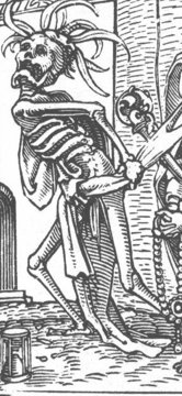 Holbein woodcut of an animated skeleton from the Dance of Death.