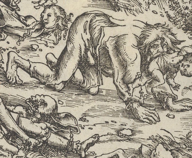 Cranach woodcut of a werewolf attacking a village.