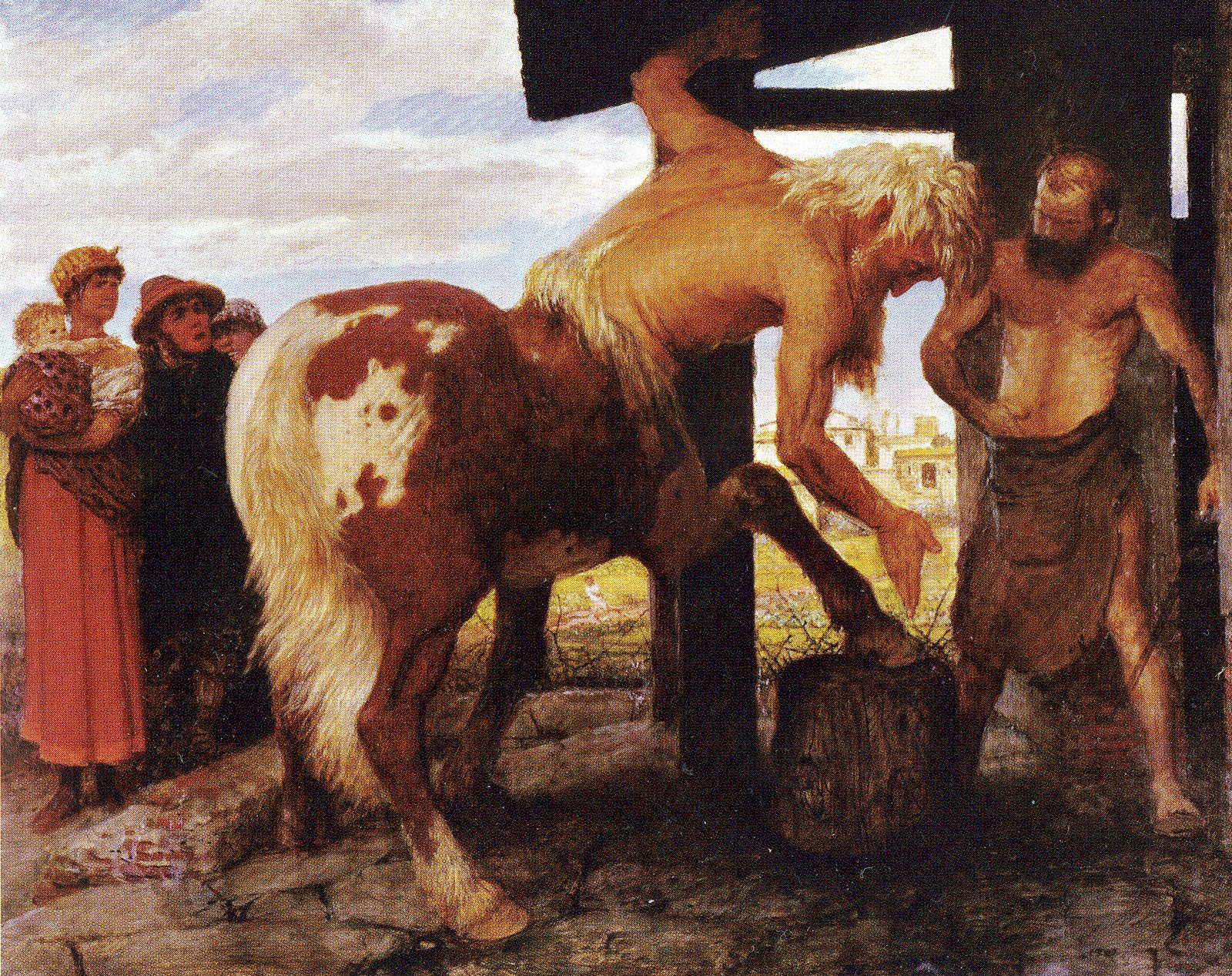 Painting of a centaur at a village blacksmith's forge, by Arnold Bocklin (1888).