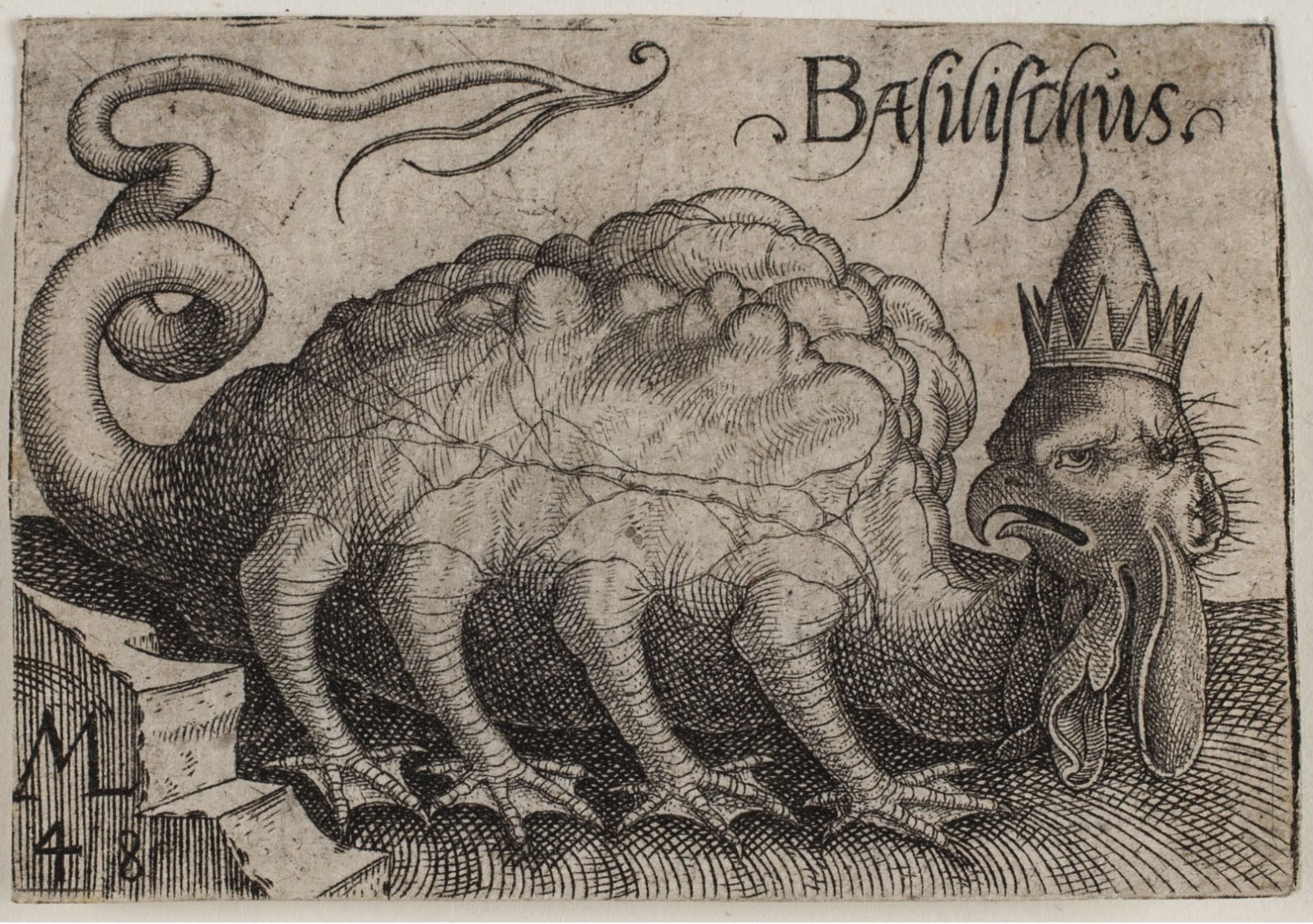 Engraving of a basilisk, a crested serpent-lizard, by Melchior Lorck (1548).