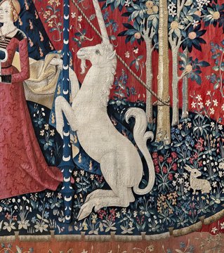 The unicorn from the medieval Lady and the Unicorn tapestry series.