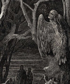 Dore engraving of harpies, bird-bodied women, in the Wood of the Suicides.
