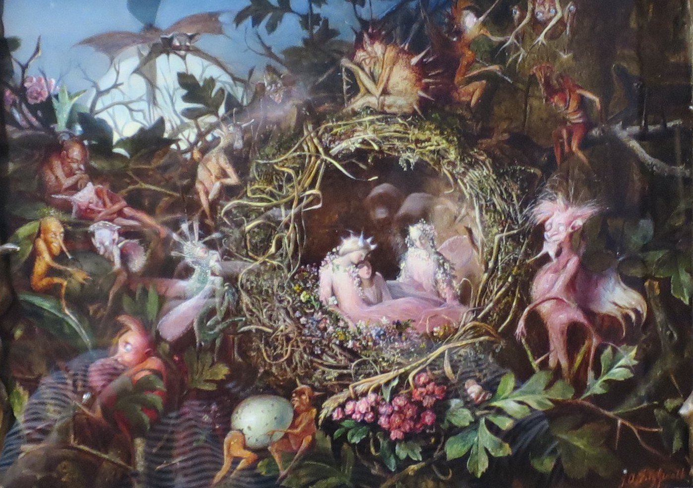 Victorian fairy painting of tiny winged pixies around a bird's nest.