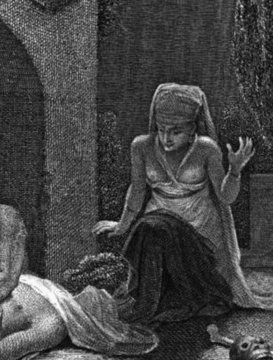 Engraving of a ghoul in a graveyard at night, from the Arabian Nights.