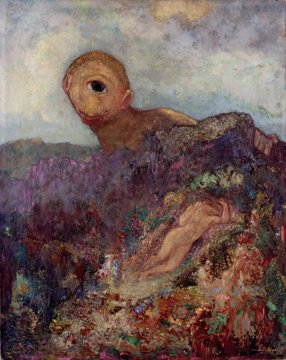 Redon's one-eyed cyclops looming over a sleeping figure.