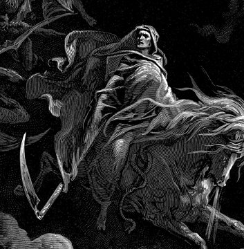Dore engraving of a spectral Death figure amid winged demons.