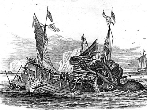 Engraving of a colossal octopus attacking a sailing ship.
