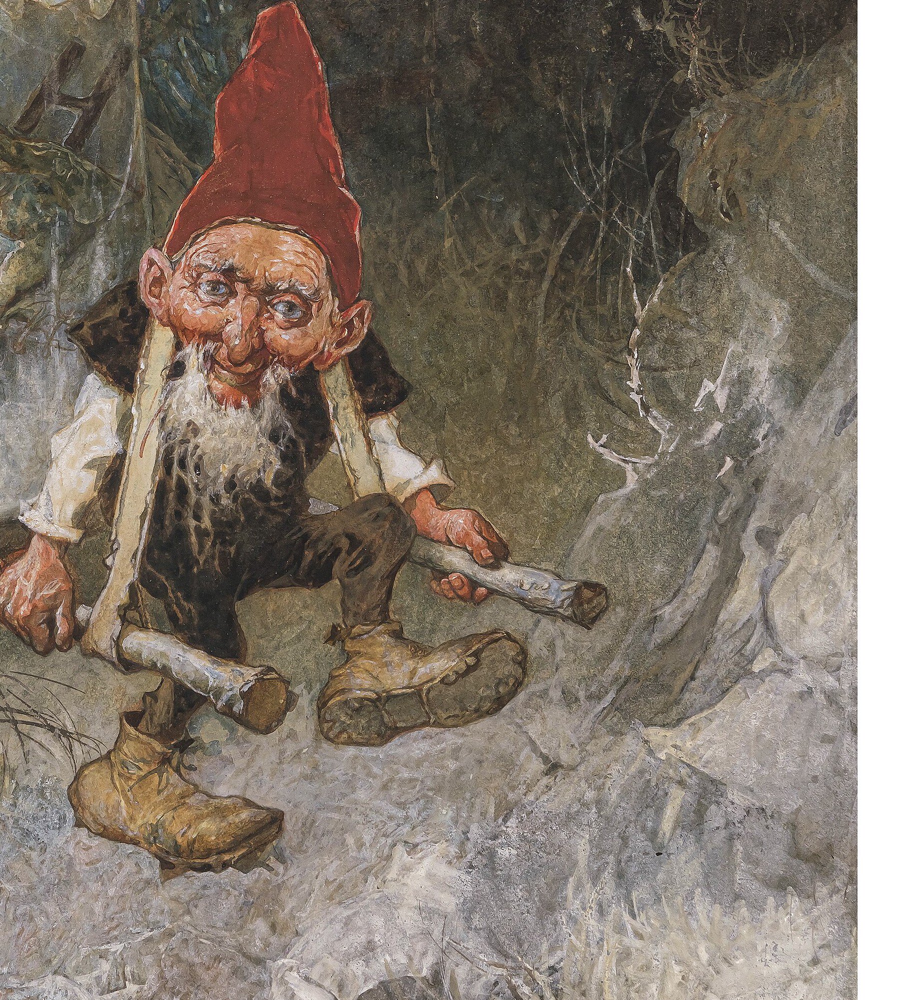 Classic bearded gnomes carrying a glass, watercolor by Heinrich Schlitt.
