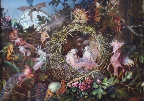 Victorian fairy painting of tiny winged pixies around a bird's nest.