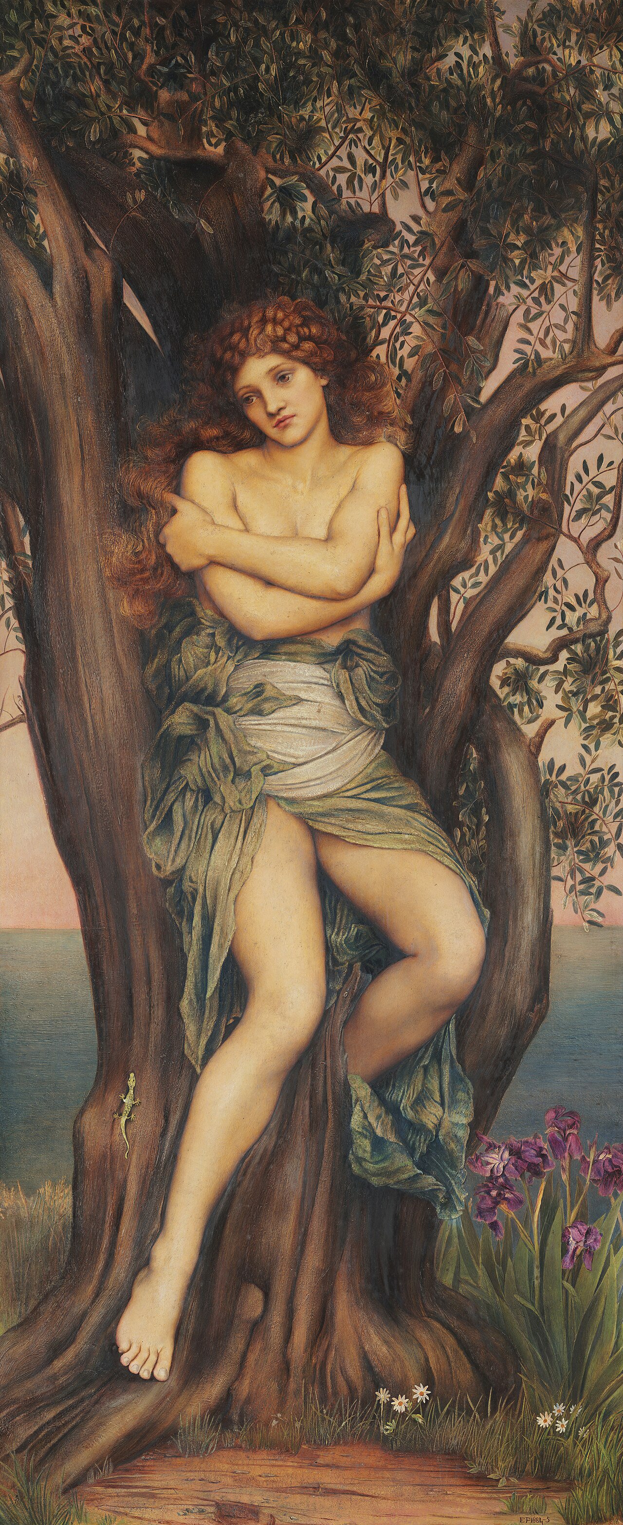 A dryad nymph emerging from a tree trunk, by Evelyn De Morgan (1884).