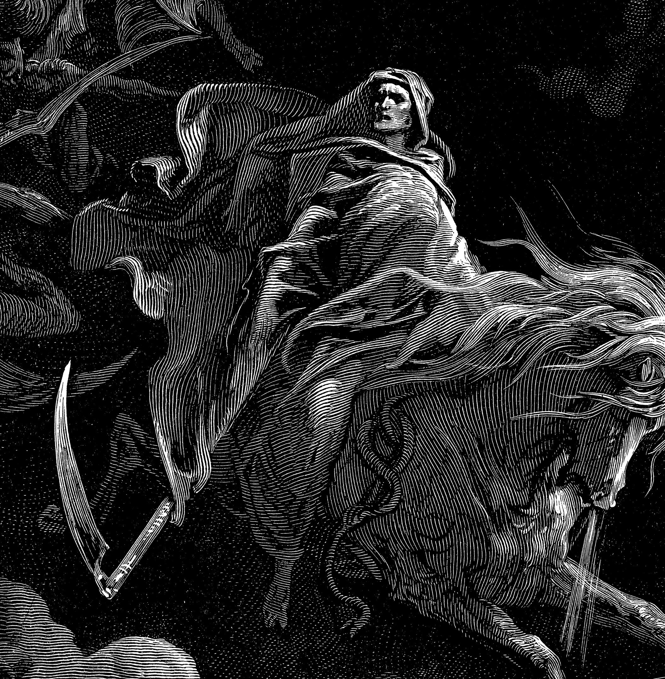 Dore engraving of a spectral Death figure amid winged demons.