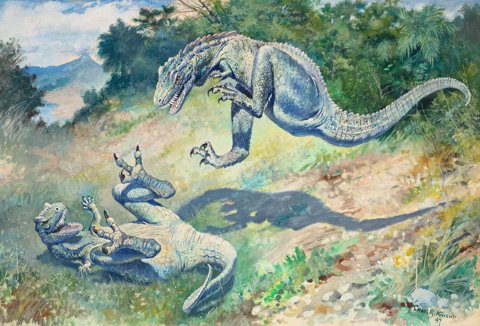 Two leaping raptors (Laelaps) in combat.