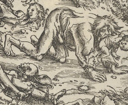 Cranach woodcut of a werewolf attacking a village.