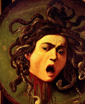 Caravaggio's Medusa: a screaming snake-haired severed head on a round shield.
