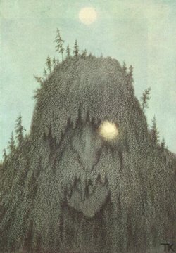 Theodor Kittelsen's looming forest troll among moonlit trees.