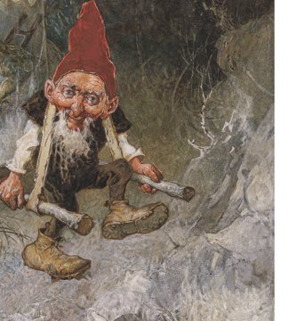 Classic bearded gnomes carrying a glass, watercolor by Heinrich Schlitt.