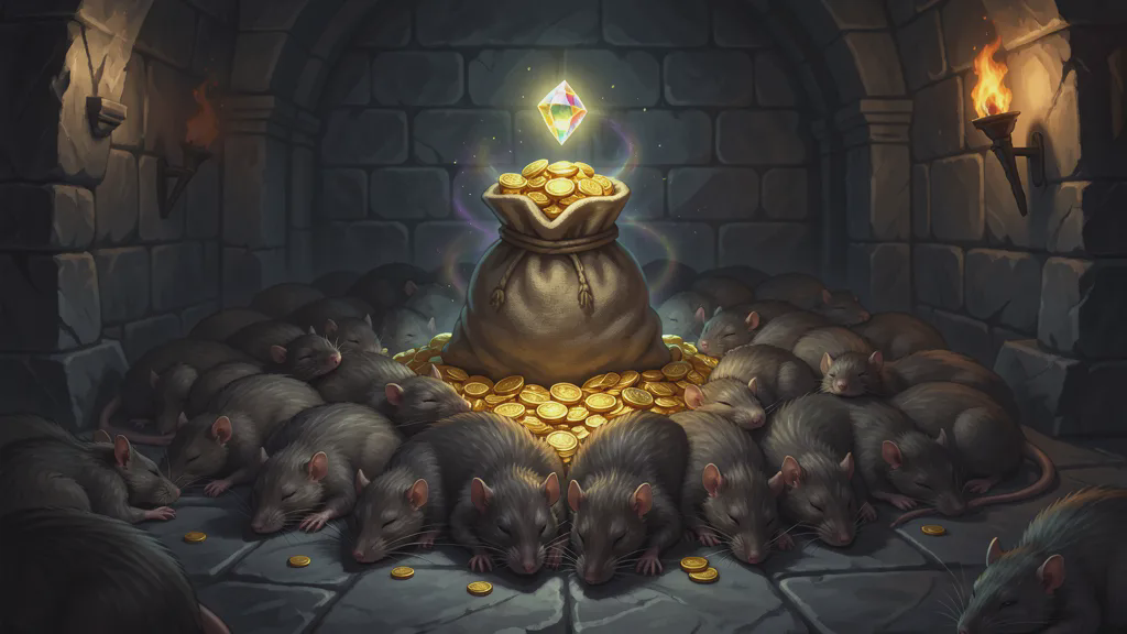 A dark tomb chamber where dozens of large rats lie asleep in a heap around a burst sack spilling gold coins and a glinting jewel, a faint magical shimmer hanging over the sleeping swarm.