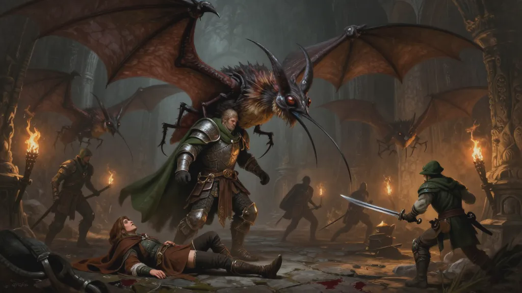 Giant stingbats with needle beaks swarm a torchlit crypt, one clinging to a cleric in plate and green cloak while a halfling lies fallen on the flagstones