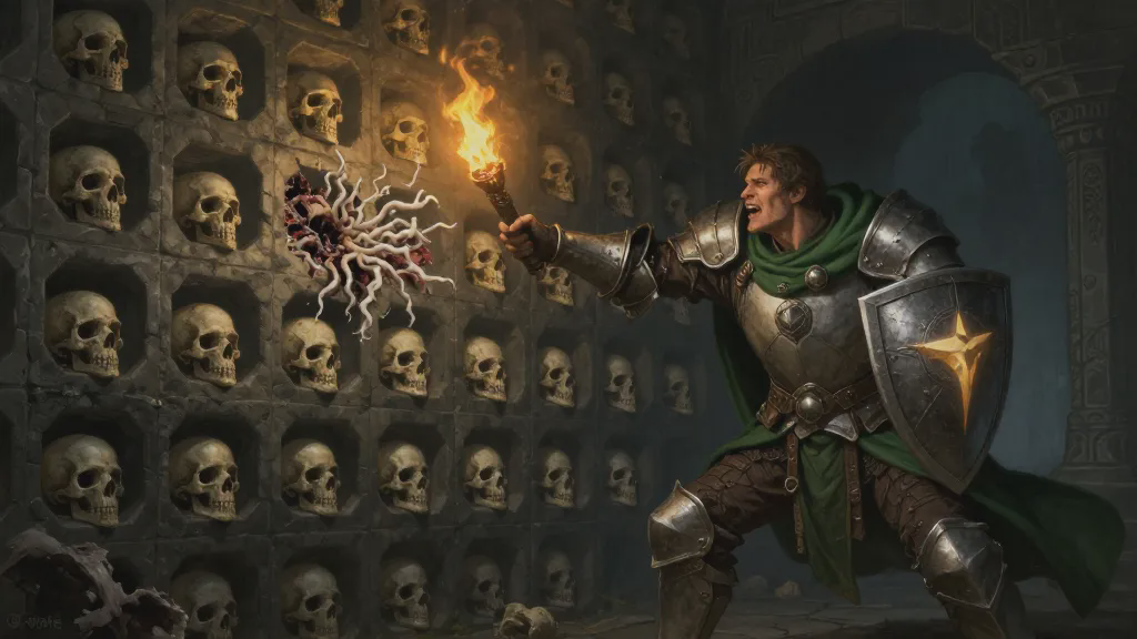 A wall of octagonal skull alcoves, one skull bursting into a spray of pale maggots at the touch of a torch, a human man in plate armour with a glowing shield recoiling