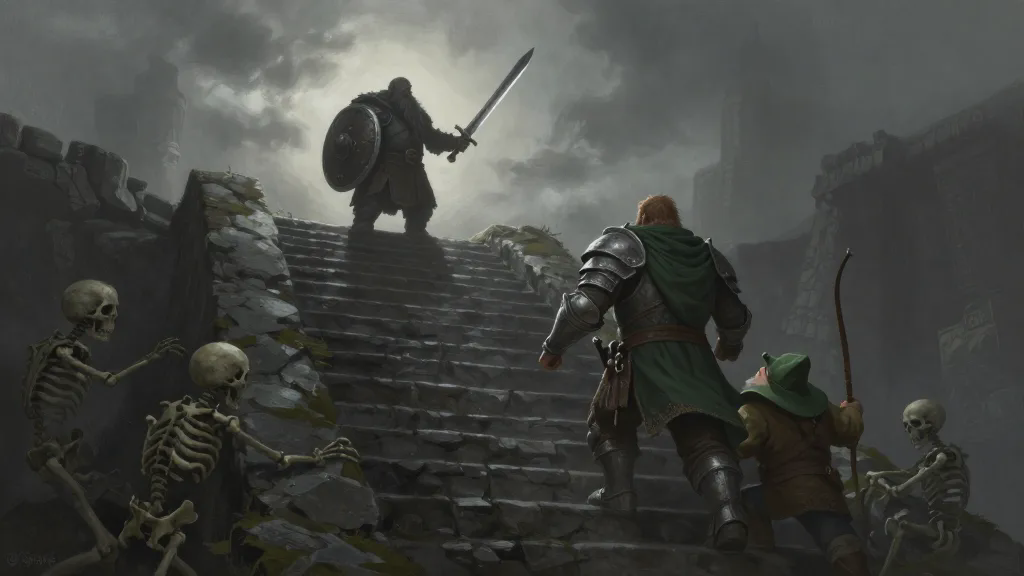 A short, squat dwarf with a round shield and a broad sword stands silhouetted at the top of a barrow stairwell as a plate-armored man and a dwarf archer in a green hat climb toward him, with stone-crusted skeletons clawing up behind