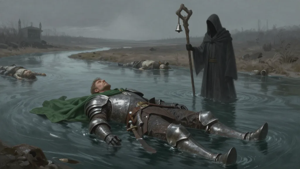 Bancroft floating on his back down a silver river among other drifting bodies, watched by a faceless cloaked figure with a belled staff