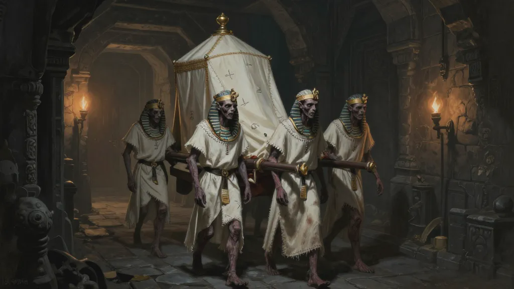 Four zombies in white tunics and gold headbands carrying a curtained palanquin down a dark stone corridor, glimpsed through a barely opened door