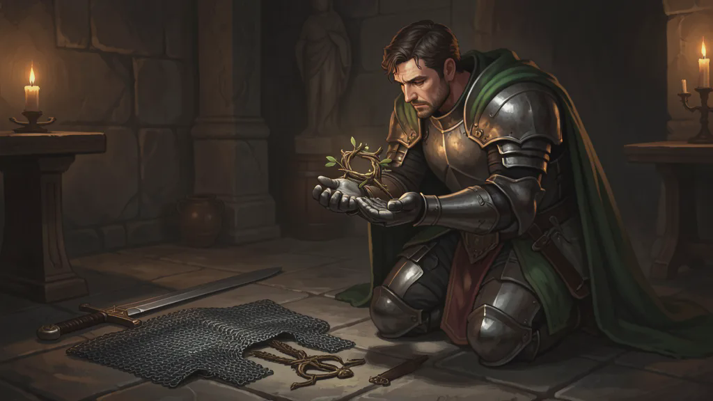 Bancroft kneeling over Irulan's holy symbol of bound yew, her mail and sword laid out on the stone