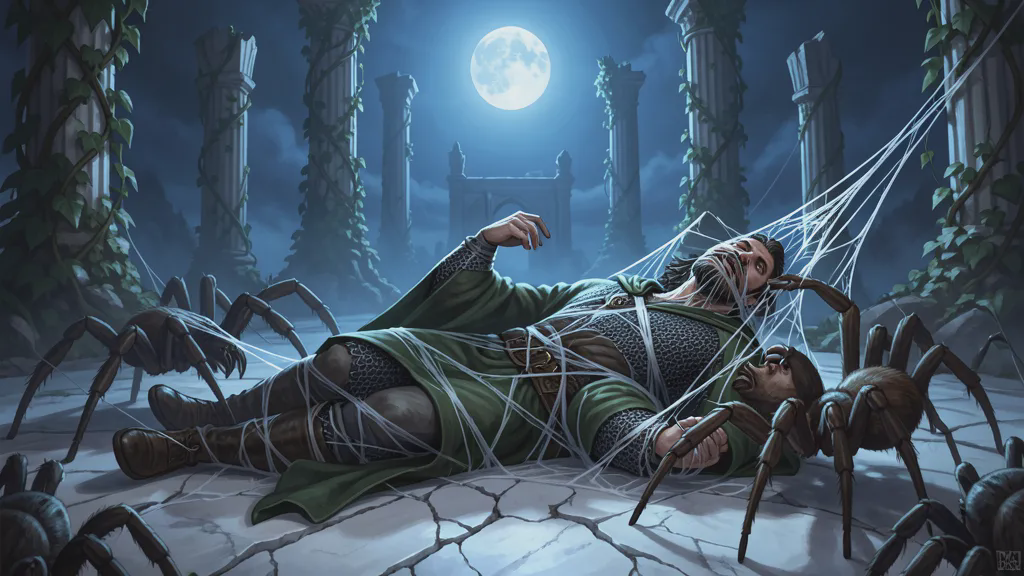 A broad-shouldered man in chain mail and a green cloak lies paralyzed and half-wrapped in spider silk on cracked white marble under moonlight, giant spiders tearing the webbing away, ancient ivy-grown elven ruins rising behind him.