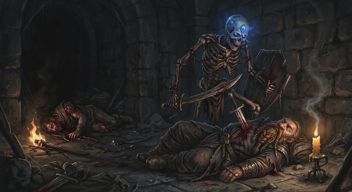 A sapphire-skulled skeleton looms over the fallen dwarf wizard SeaCrock by dying candlelight, Kolix's body visible in shadow