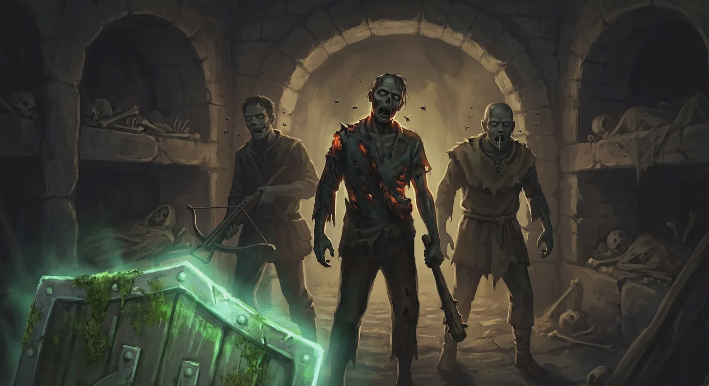 The three dead henchmen stand in the doorway as zombies, flies still buzzing in their open mouths