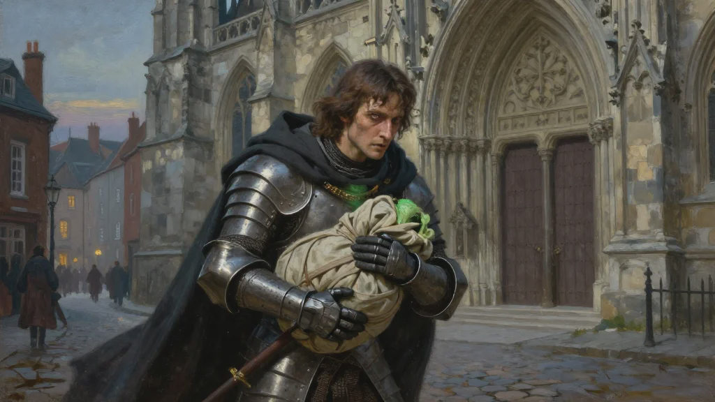 Bancroft in a town street, eyes glazed, half-drawing a wrapped mace, a great temple looming ahead.