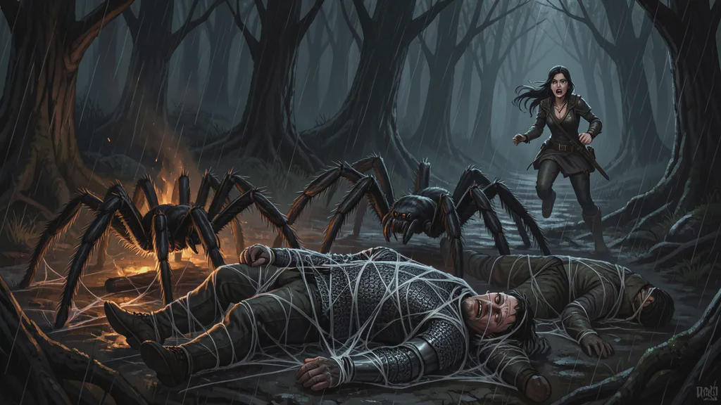 In a dark rain-soaked camp, giant spiders wind heavy web around a paralyzed man in chain mail lying beside a low fire, another figure bound near him, while a lone thief flees into the black trees in the background.