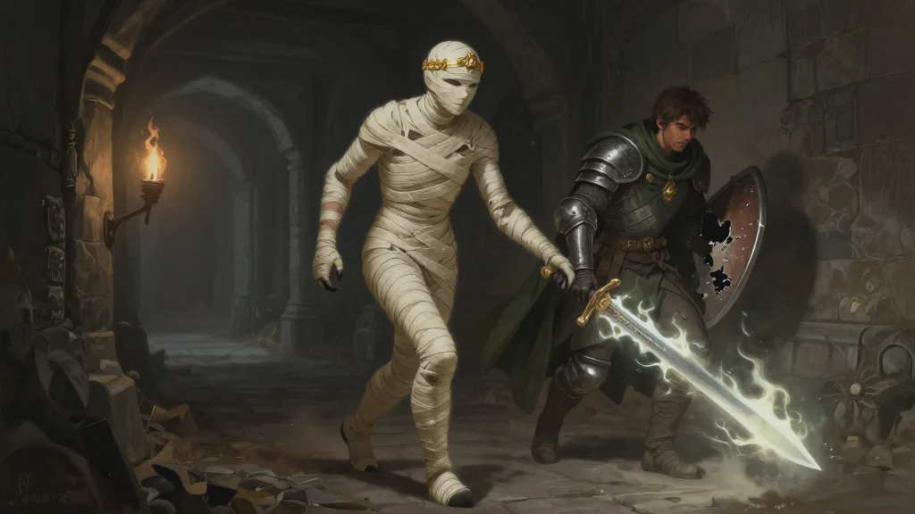 A plate-armored cleric backing away down a dark corridor as a linen-wrapped mummy follows, gold circlet gleaming