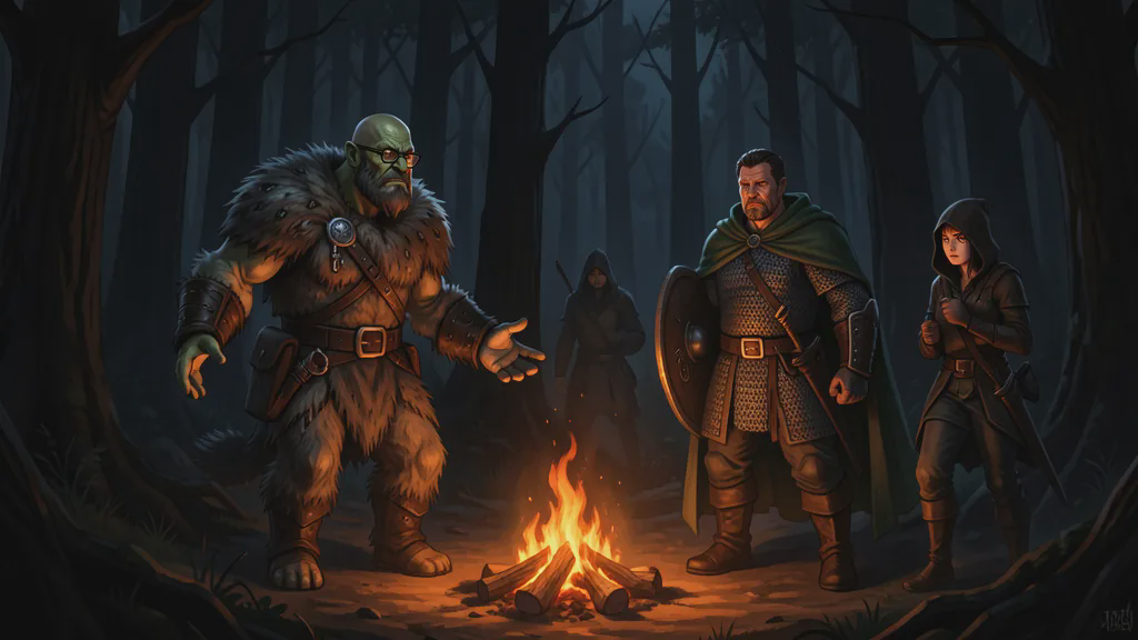 A bespectacled, shaven-headed half-orc in shaggy wolf-and-spider furs steps out of a black forest into firelight, hands open, as three travellers -- a chain-mailed man in a green cloak, a ranger, and a thief -- watch warily from their camp.