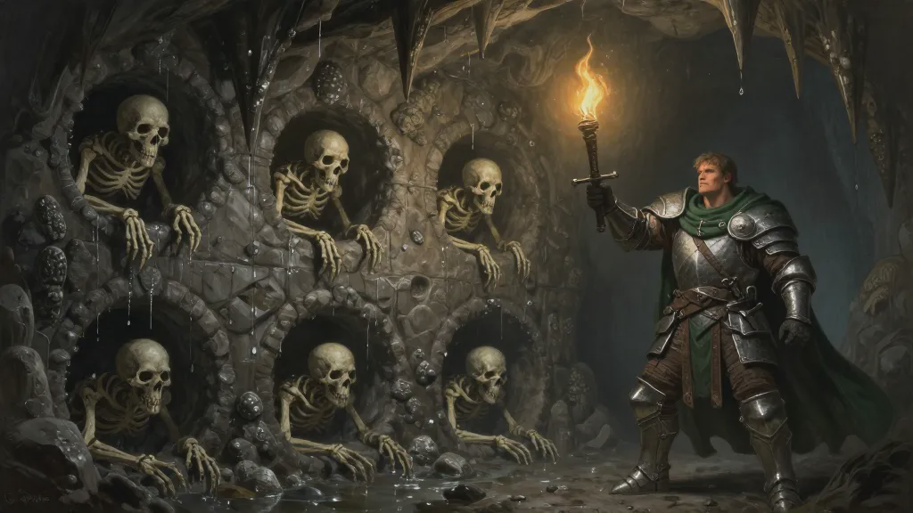 Stone-crusted skeletons crawl from round burial alcoves in a dripping crypt