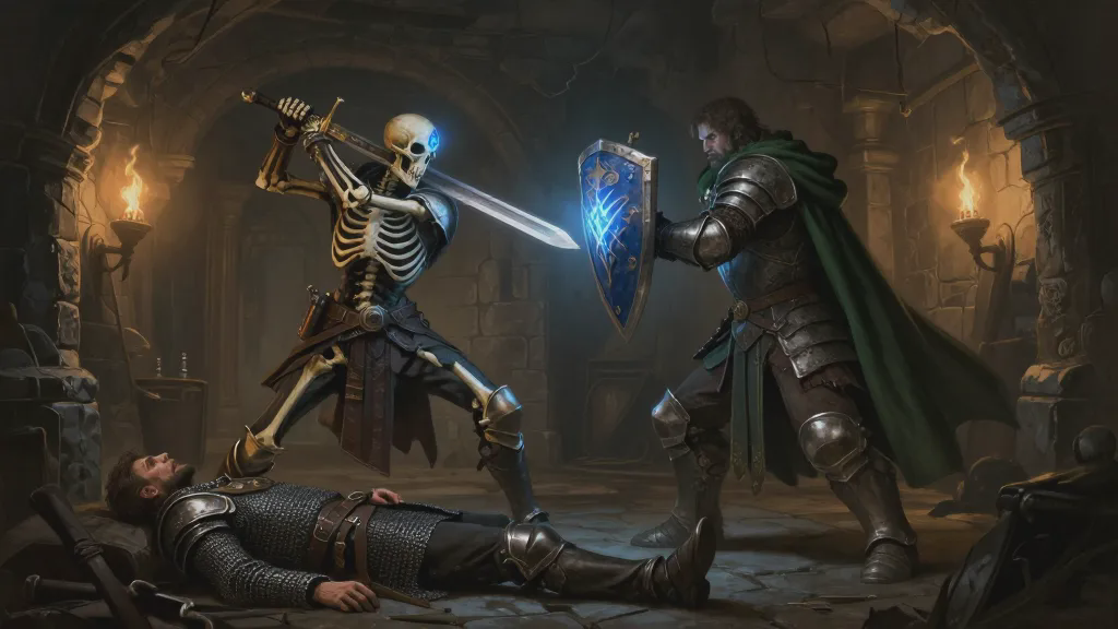 The sapphire skeleton swinging a longsword at Bancroft's glowing shield in a torchlit corridor, Tarford dead on the flagstones between them