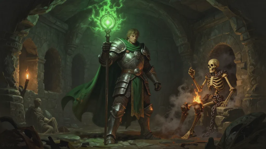 A broad-shouldered man in plate armour and a green cloak holding aloft a holy symbol blazing with green light in a stone barrow chamber, a skeleton burning to ash before him, empty human-shaped alcoves lining the walls