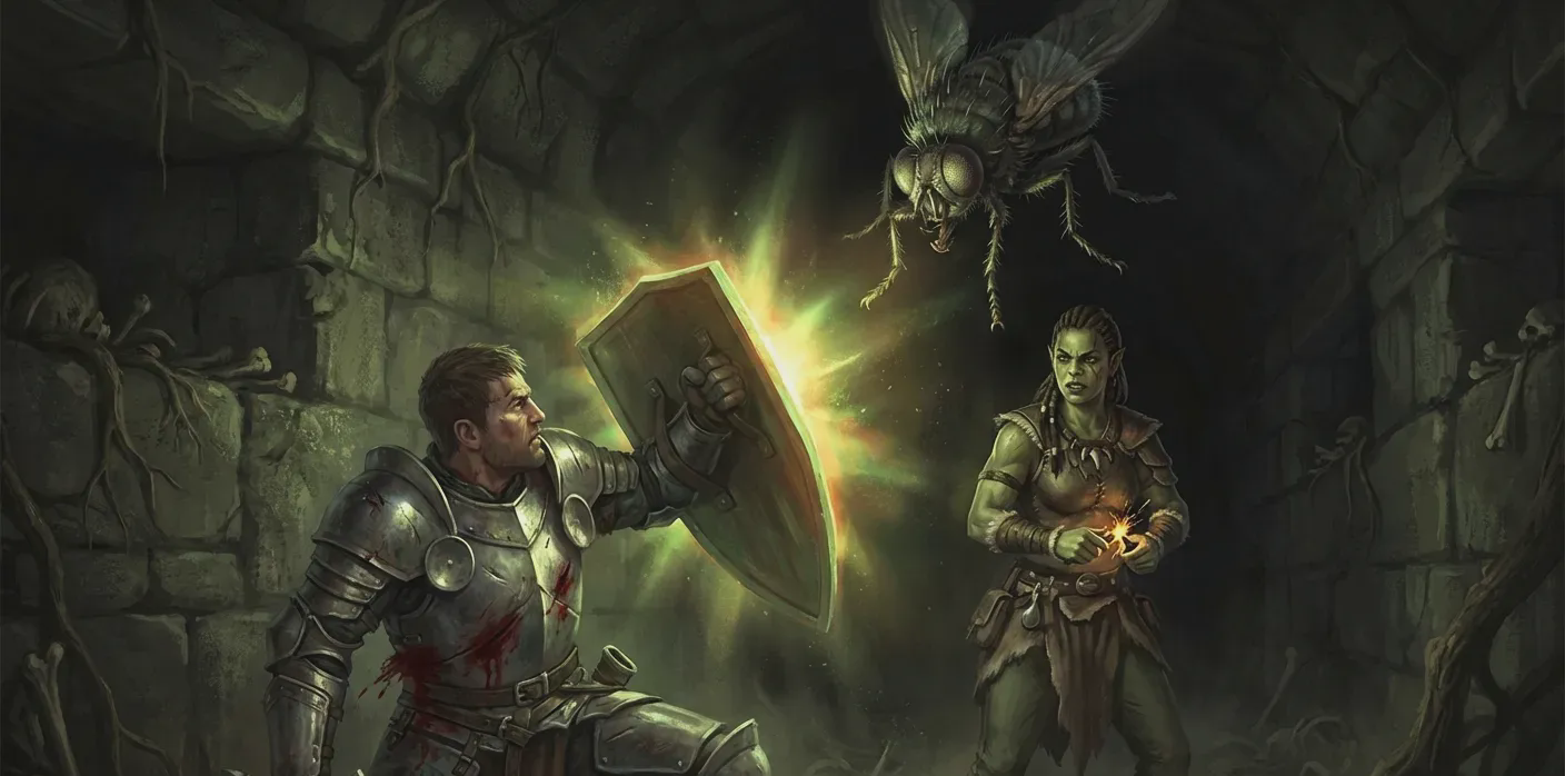 Bancroft's shield erupts with green divine light in the total darkness of the barrow