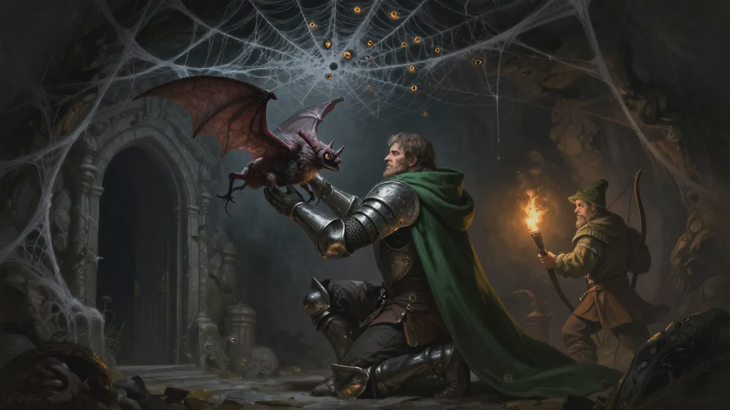 A plate-armored man in a green cloak crouches in a crypt doorway holding a dead bat-like creature up toward a ceiling thick with spider webs, where many small eyes glint in the dark, while a dwarf archer in a green hat waits behind him with a torch