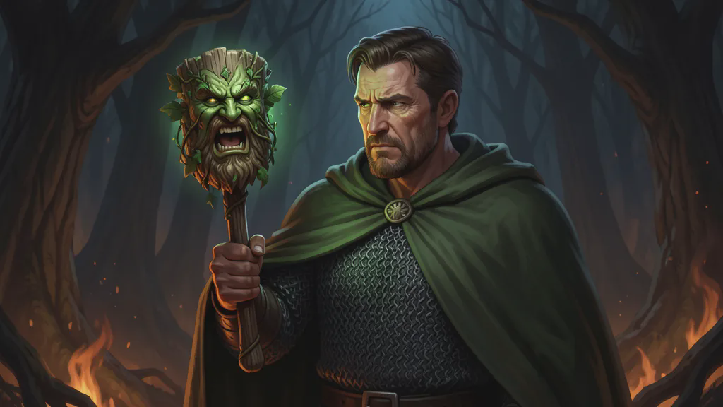 By firelight a broad-shouldered man in chain mail and a green cloak holds up a wooden mace carved with a Green Man's face, its mouth open, faint green glow about it, while the dark forest presses in behind.
