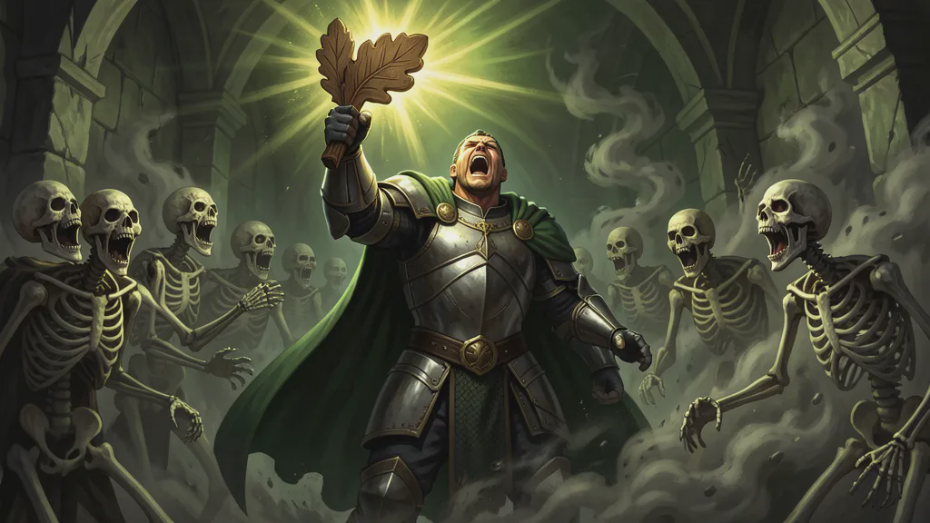 The same armored man stands amid the undead with his head thrown back and his mouth wide, roaring, one fist thrust above him holding a wooden holy symbol carved in the shape of an oak leaf that is blazing with green-gold light. The skeletons around him shriek back with their jaws unhinged, and grey dust boils through the air between them.